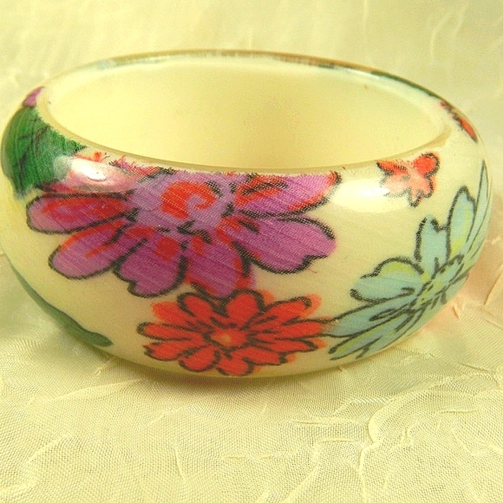 Hand Painted Floral Bangle Bracelet Purple Blue Red Ivory Statement Boho Vintage